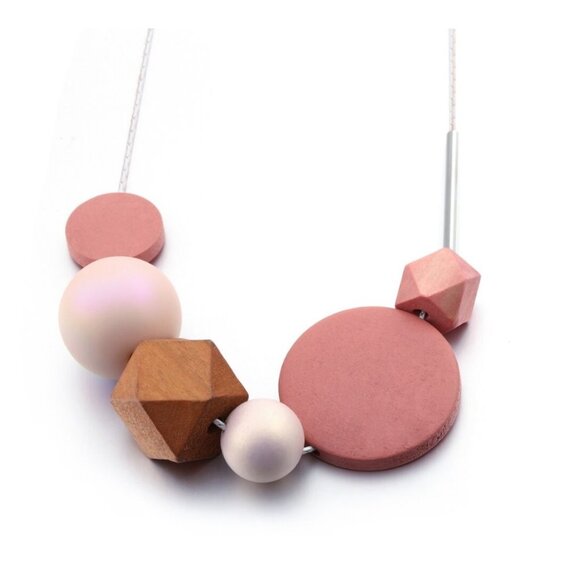 Statement bead beaded art necklace wood wooden jewelry fashion pink brown new - Picture 5 of 6